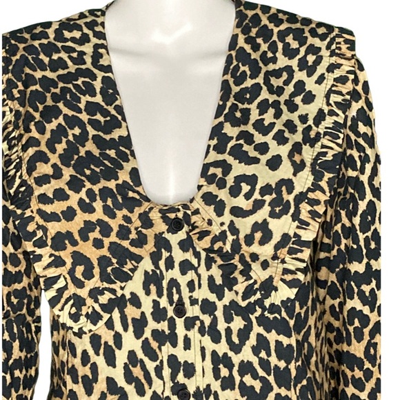 NWT GANNI Ruffled Collar Leopard Print Cotton Poplin Long Sleeve Top - Sz 6 - Picture 4 of 13